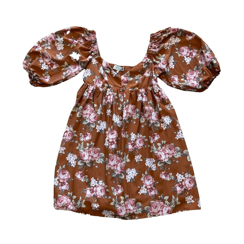 WAYF Womens Rust Floral Puff Sleeve Babydoll Mini Dress Brown‎ Pink Small